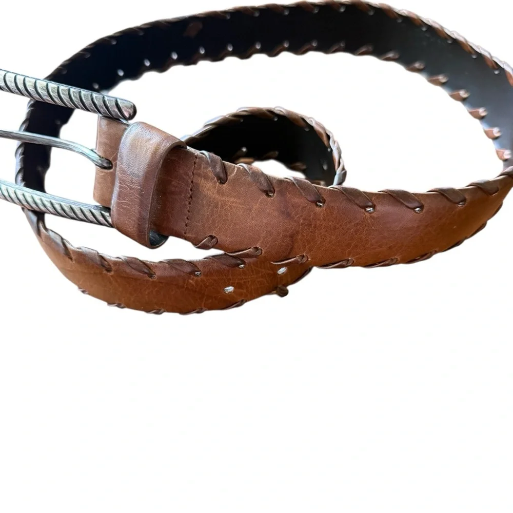 Vintage Leather Belt Large metal buckle whipstitch trim sz 32 medium